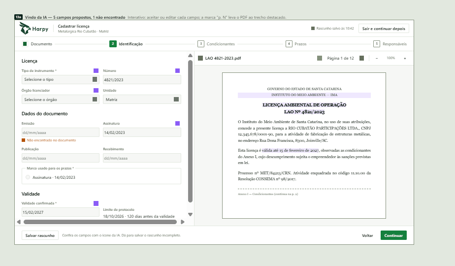 Captura do protótipo no ClickUp: cadastro de licença com leitura do documento e condicionantes sugeridas